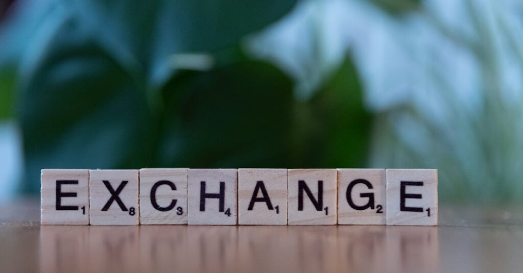 Wooden blocks spelling 'exchange' on a table with a blurred green background.